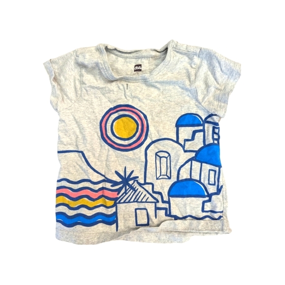 Tea Collection Island of Santorini graphic heather light grey gray tee 3 3t - Picture 1 of 3